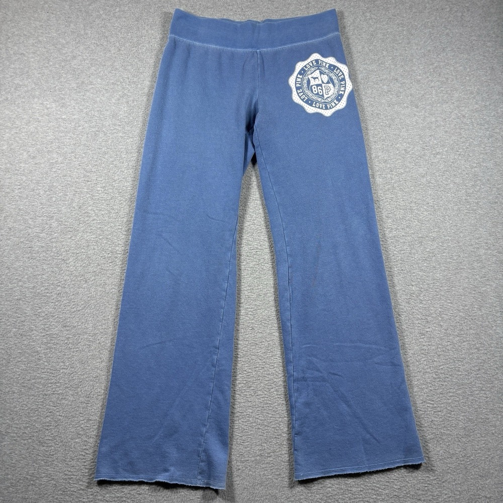 VTG Y2K Victorias Secret PINK Wide Leg Flare Sweatpants Blue Crest Spellout S